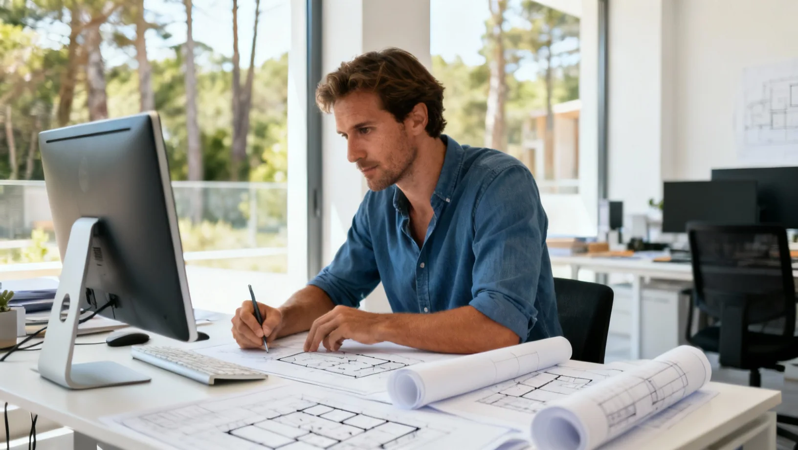 Architecte travaillant sur des plans dans les Landes